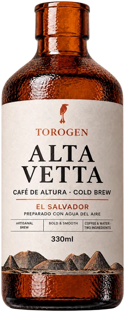 Botella ALTA VETTA de vidrio ámbar con la cordillera volcánica de El Salvador grabada — diseño preliminar