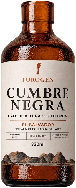 Botella CUMBRE NEGRA de vidrio ámbar con la cordillera volcánica de El Salvador grabada — diseño preliminar