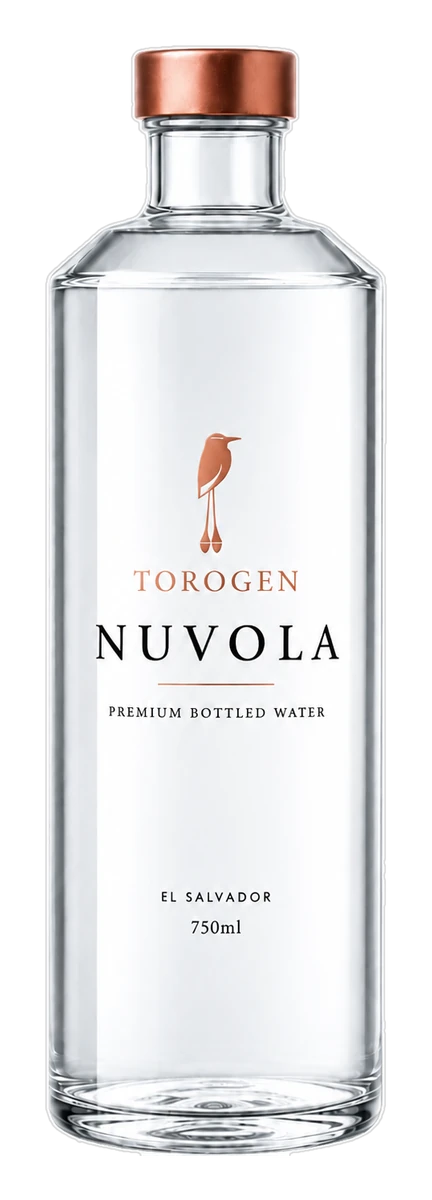 Botella NUVOLA de 750 ml — vidrio retornable con tapa de aluminio cobre y la marca del torogoz